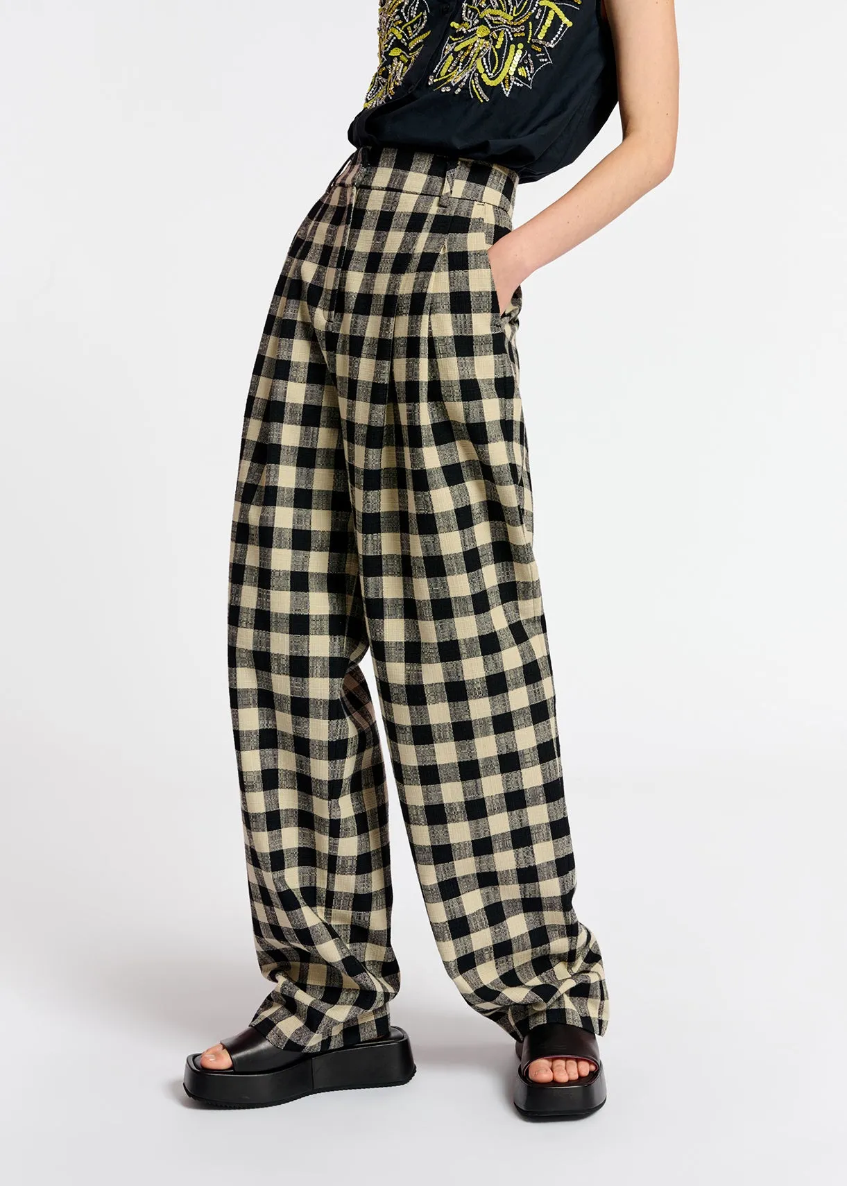 Black and beige checkered relaxed-fit pants
