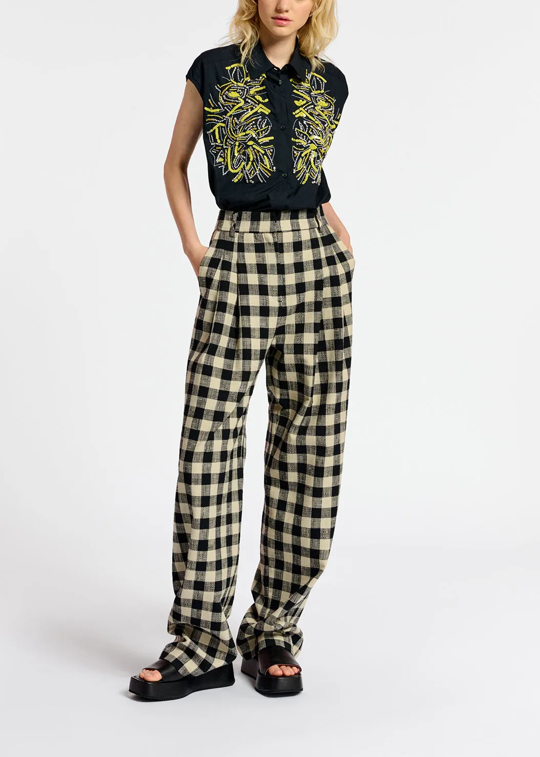Black and beige checkered relaxed-fit pants