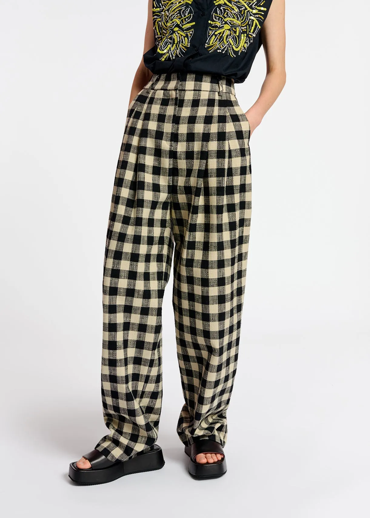 Black and beige checkered relaxed-fit pants
