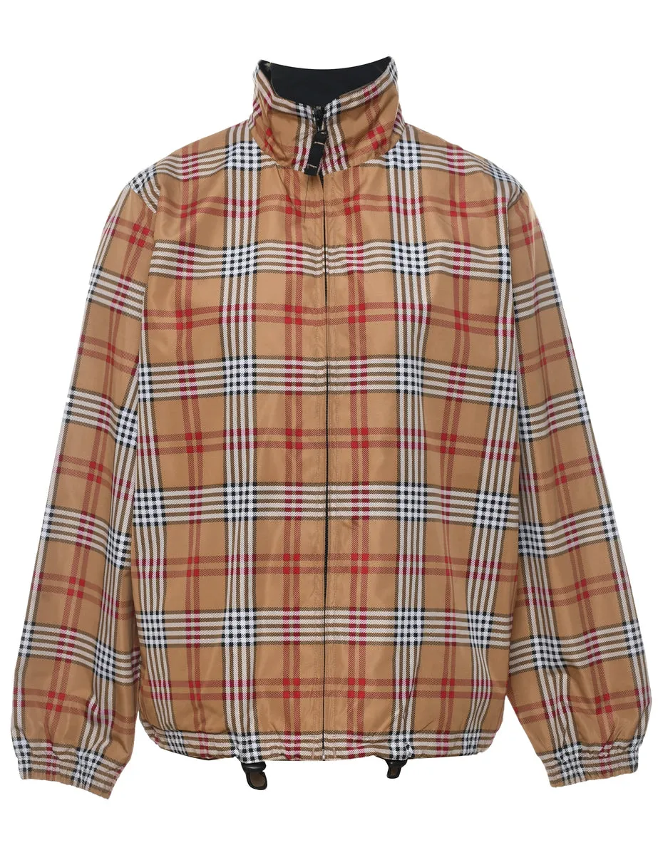 Checked Light Brown & Red 1990s Zip-Front Nylon Jacket - L