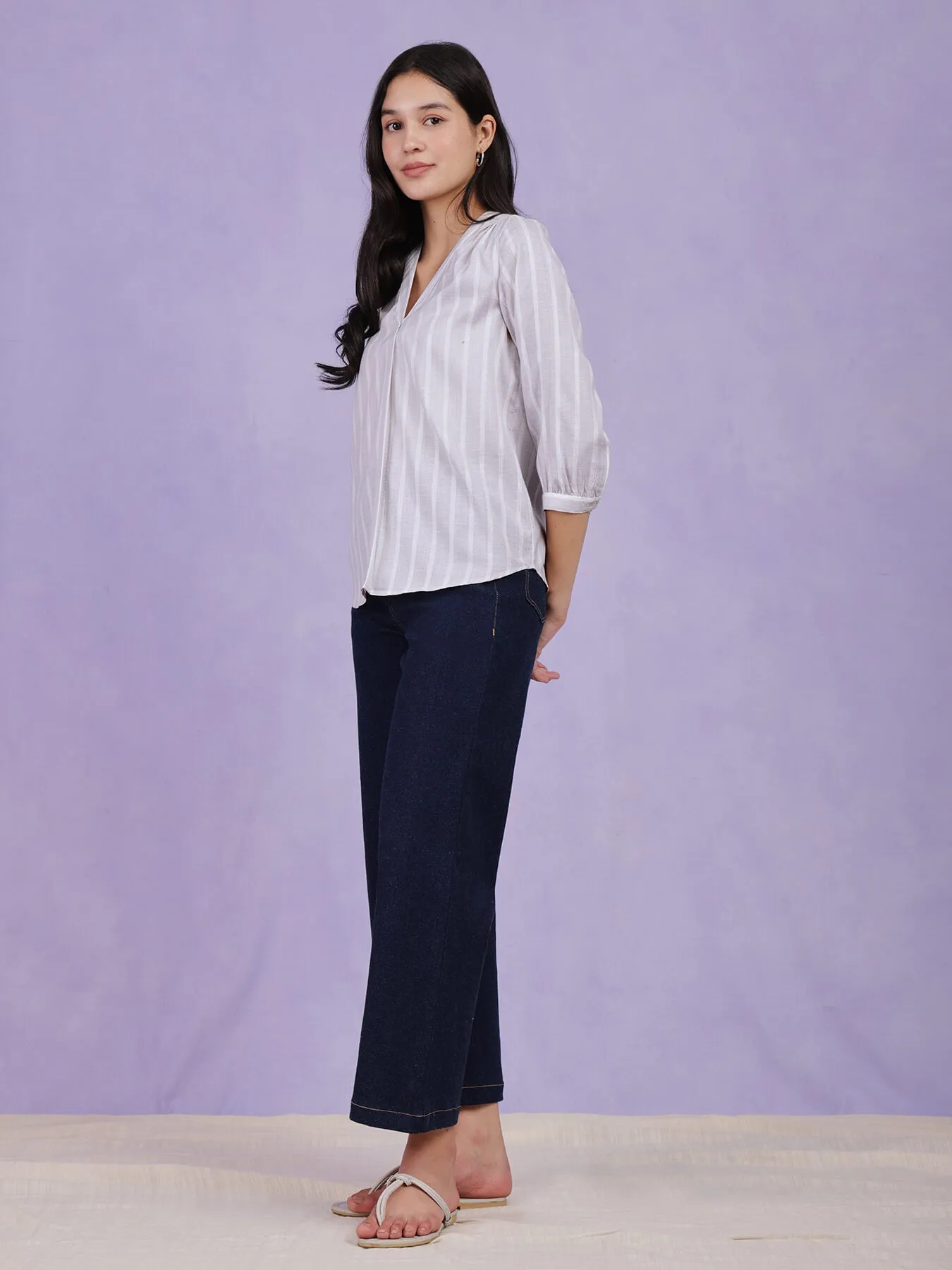 Cotton Lurex Striped Top - Grey