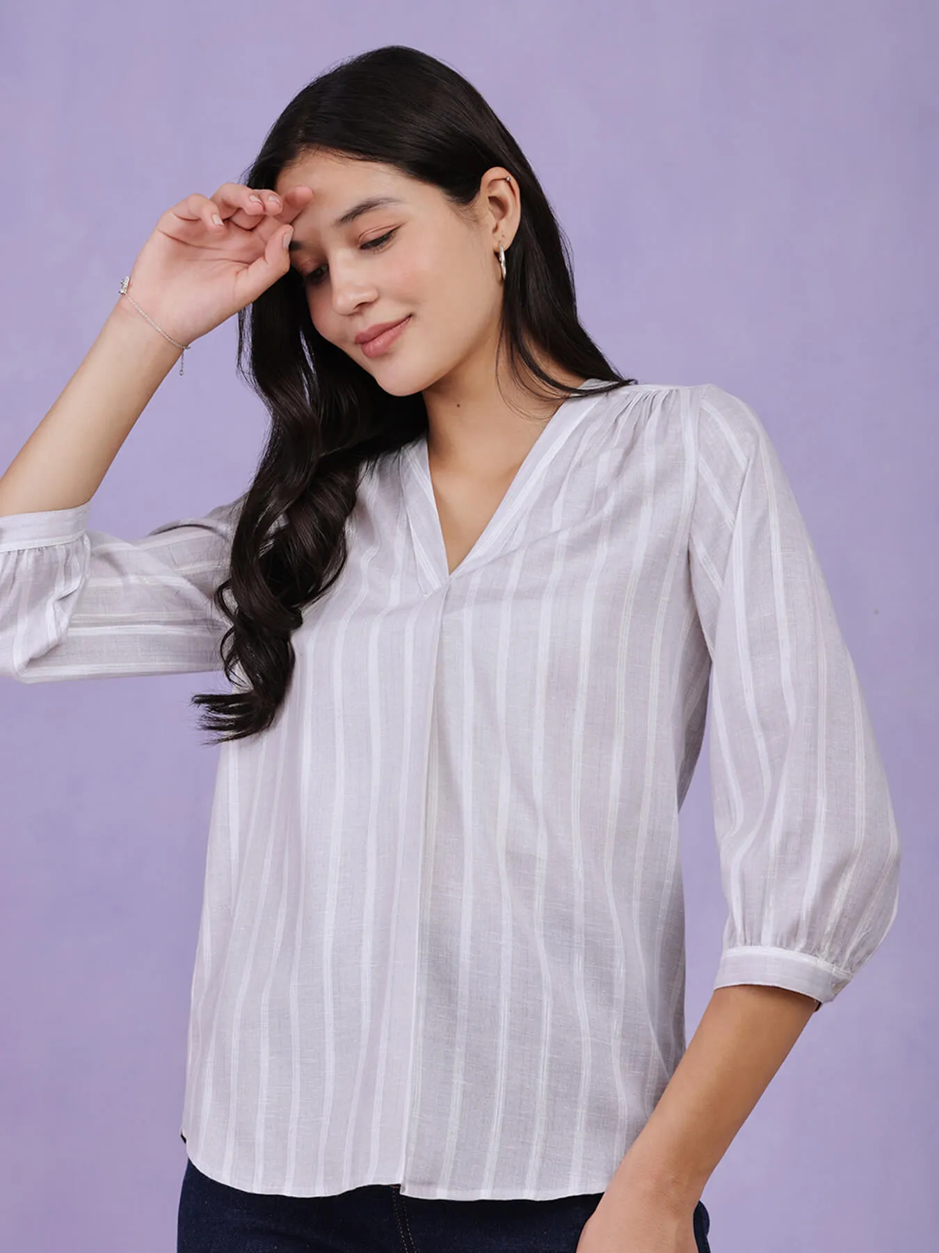 Cotton Lurex Striped Top - Grey
