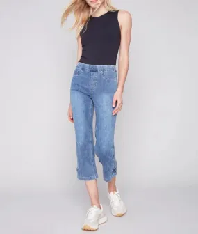 Cropped Pull-On Jeans with Hem Tab