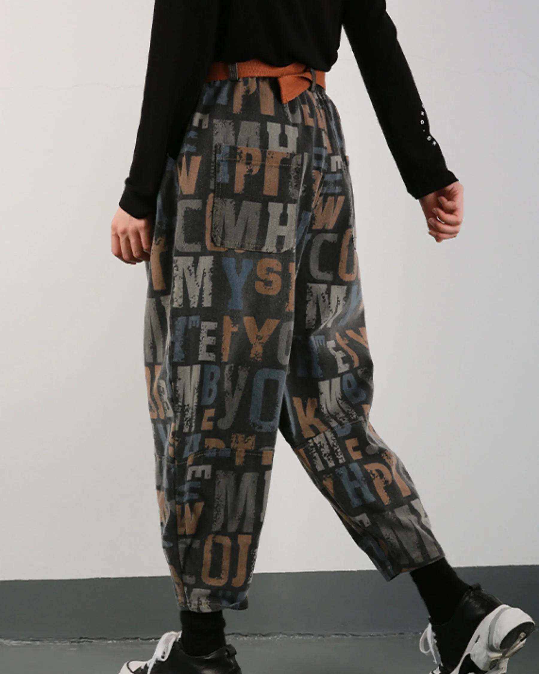 ellazhu Women's Harem Cropped Pants Denim Baggy Patchwork Print Elastic Waist Pull-on Jeans GY2795