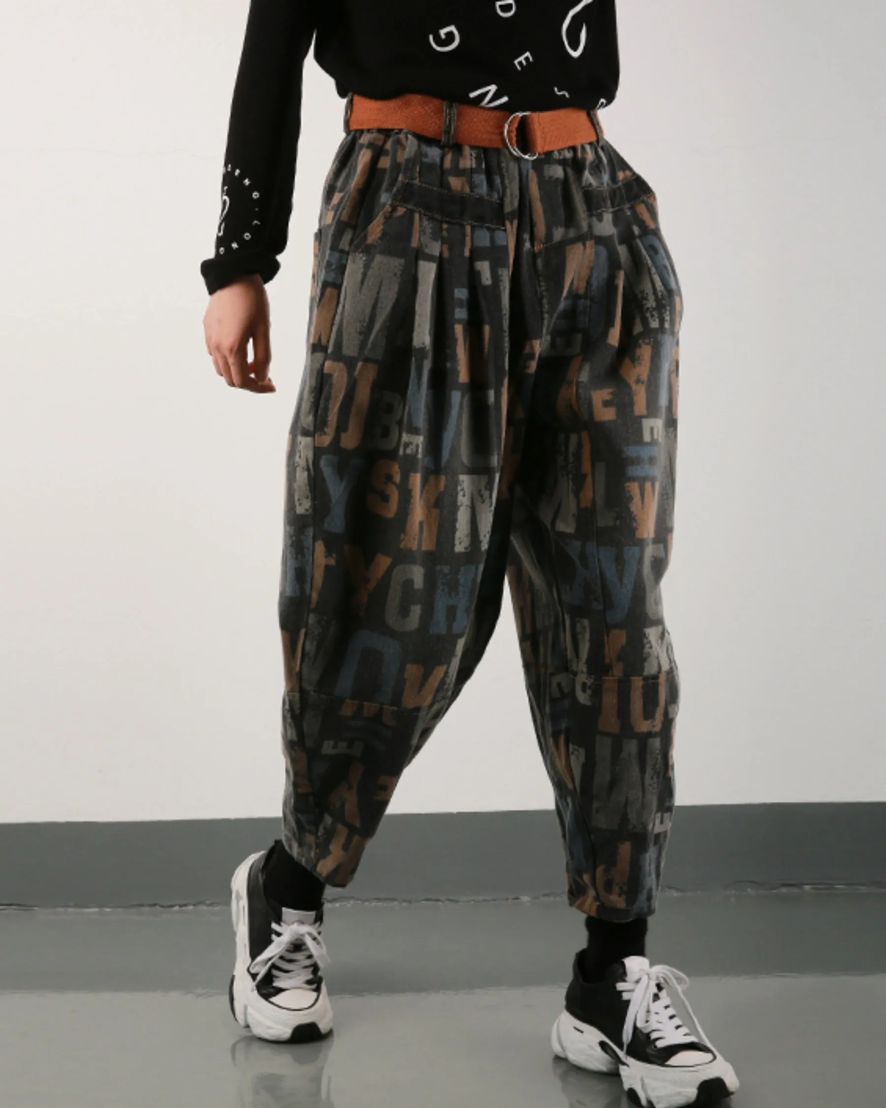ellazhu Women's Harem Cropped Pants Denim Baggy Patchwork Print Elastic Waist Pull-on Jeans GY2795