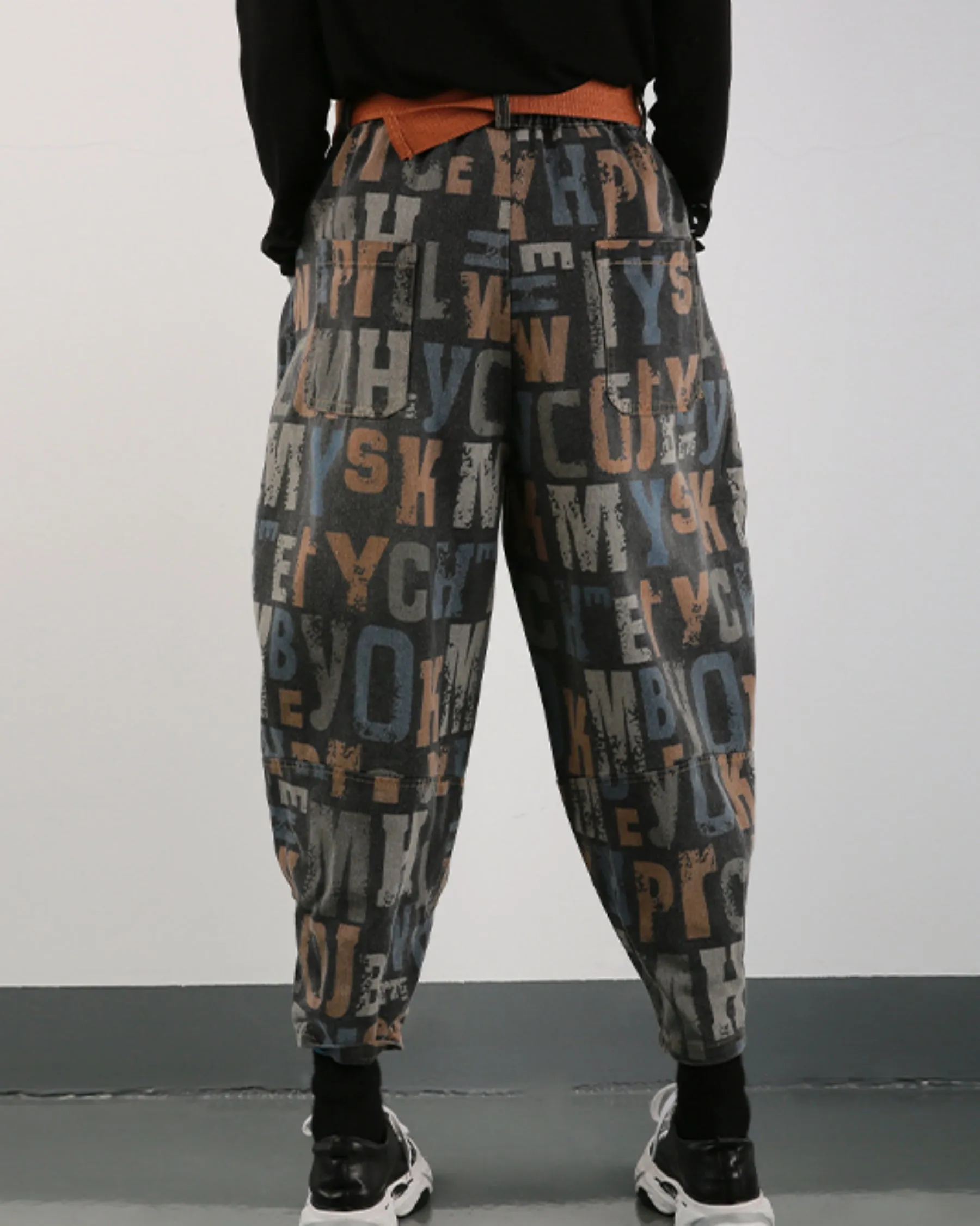 ellazhu Women's Harem Cropped Pants Denim Baggy Patchwork Print Elastic Waist Pull-on Jeans GY2795