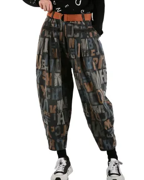 ellazhu Women's Harem Cropped Pants Denim Baggy Patchwork Print Elastic Waist Pull-on Jeans GY2795