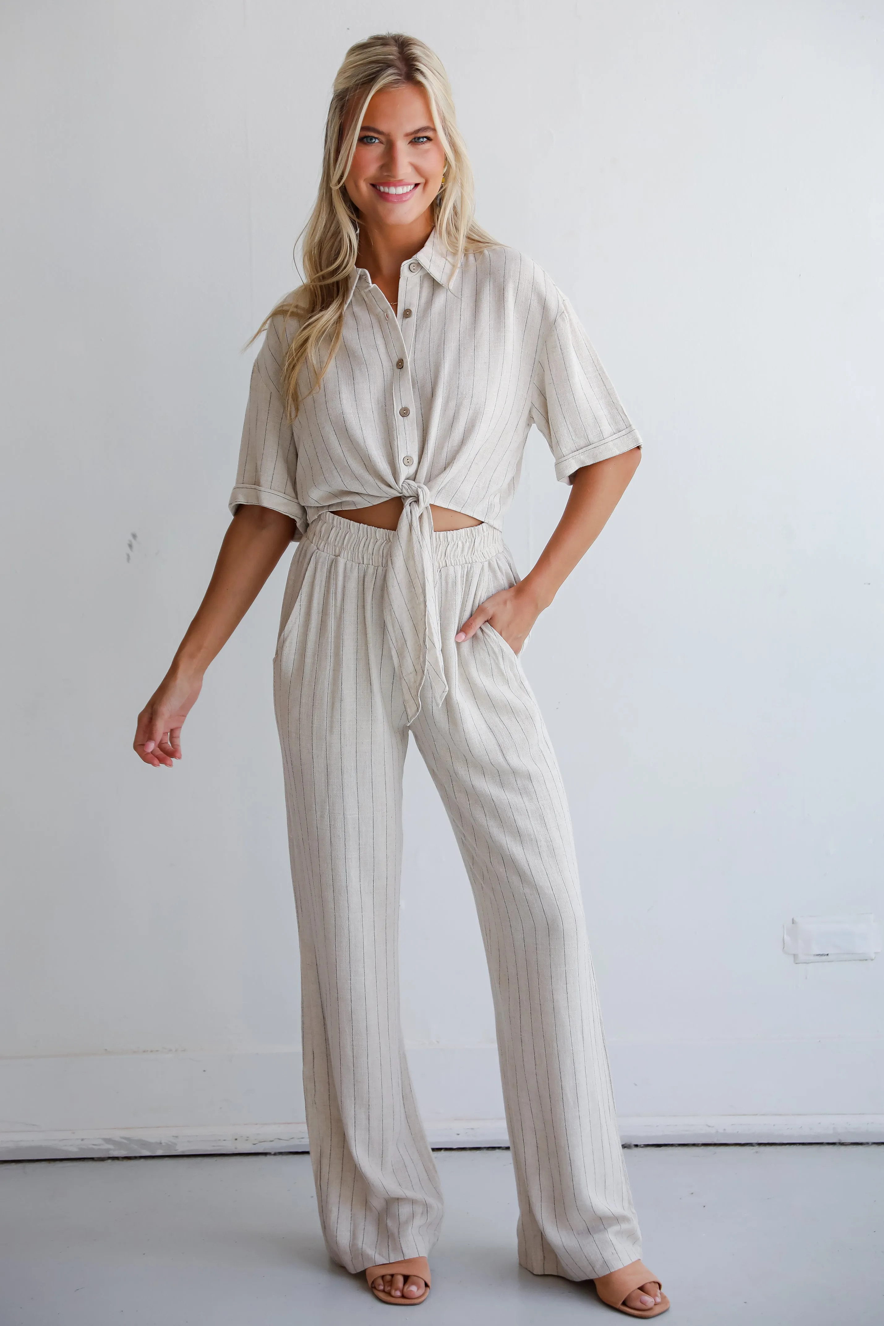 FINAL SALE - Moment Maker Striped Linen Tie-Front Blouse