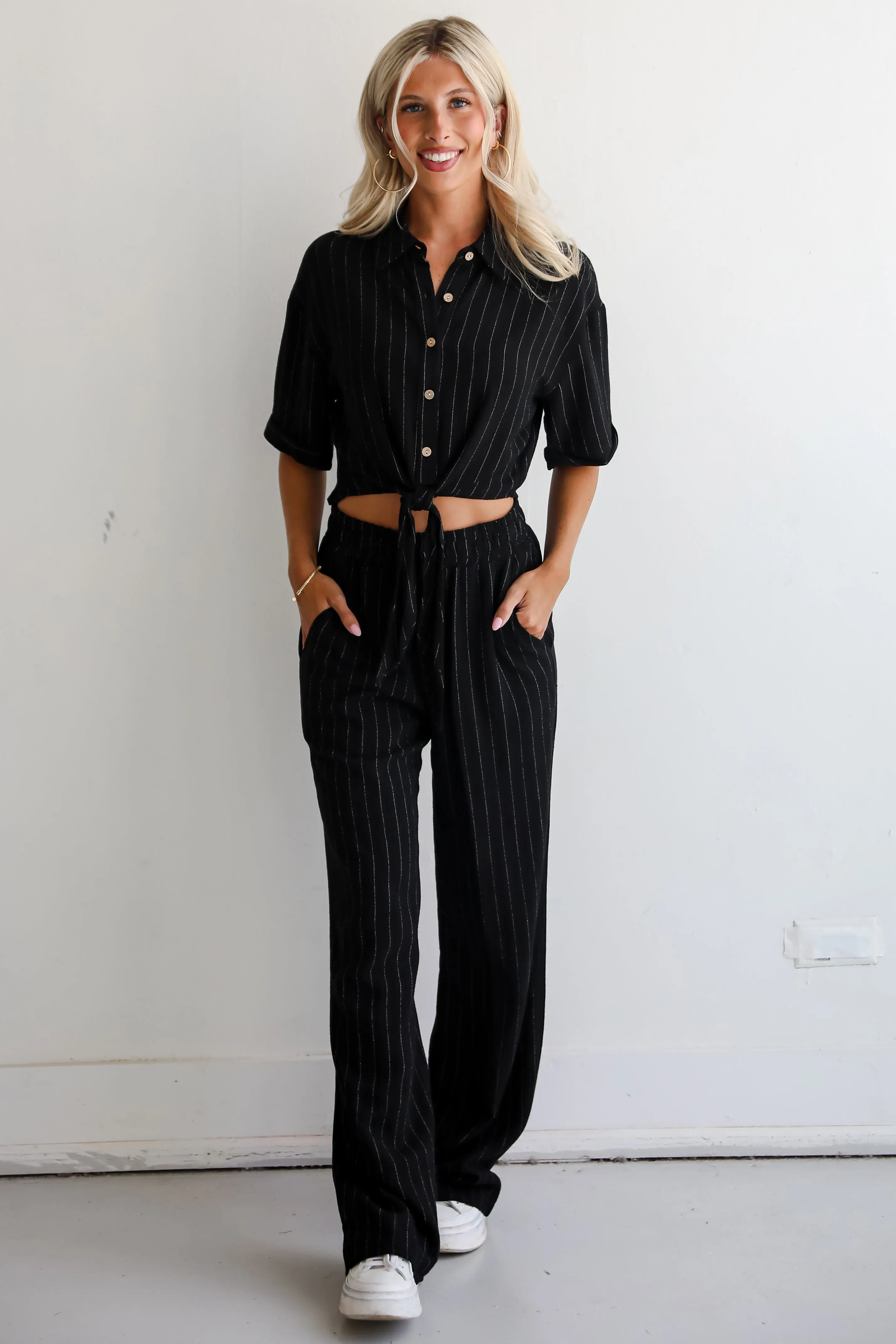 FINAL SALE - Moment Maker Striped Linen Tie-Front Blouse
