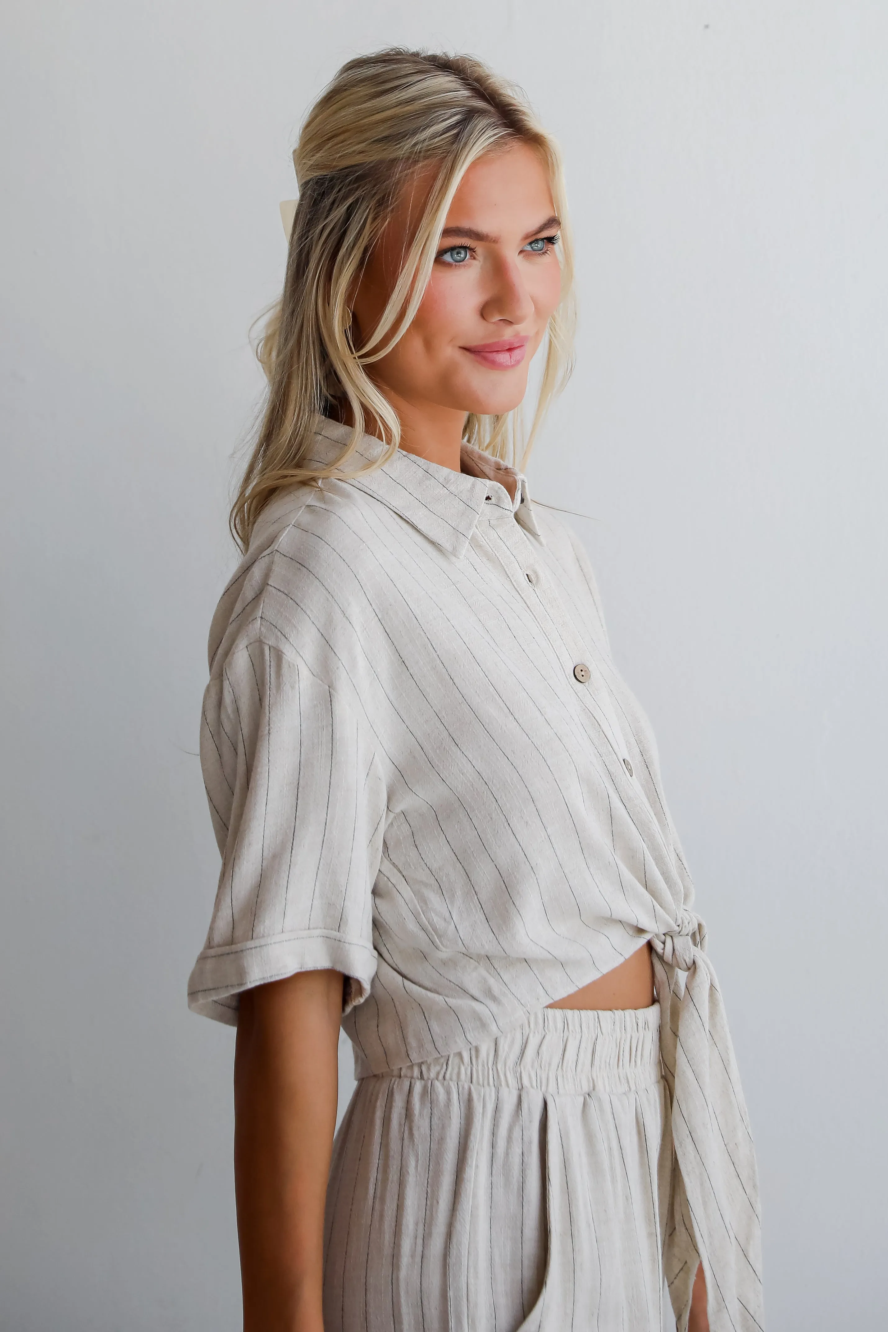 FINAL SALE - Moment Maker Striped Linen Tie-Front Blouse