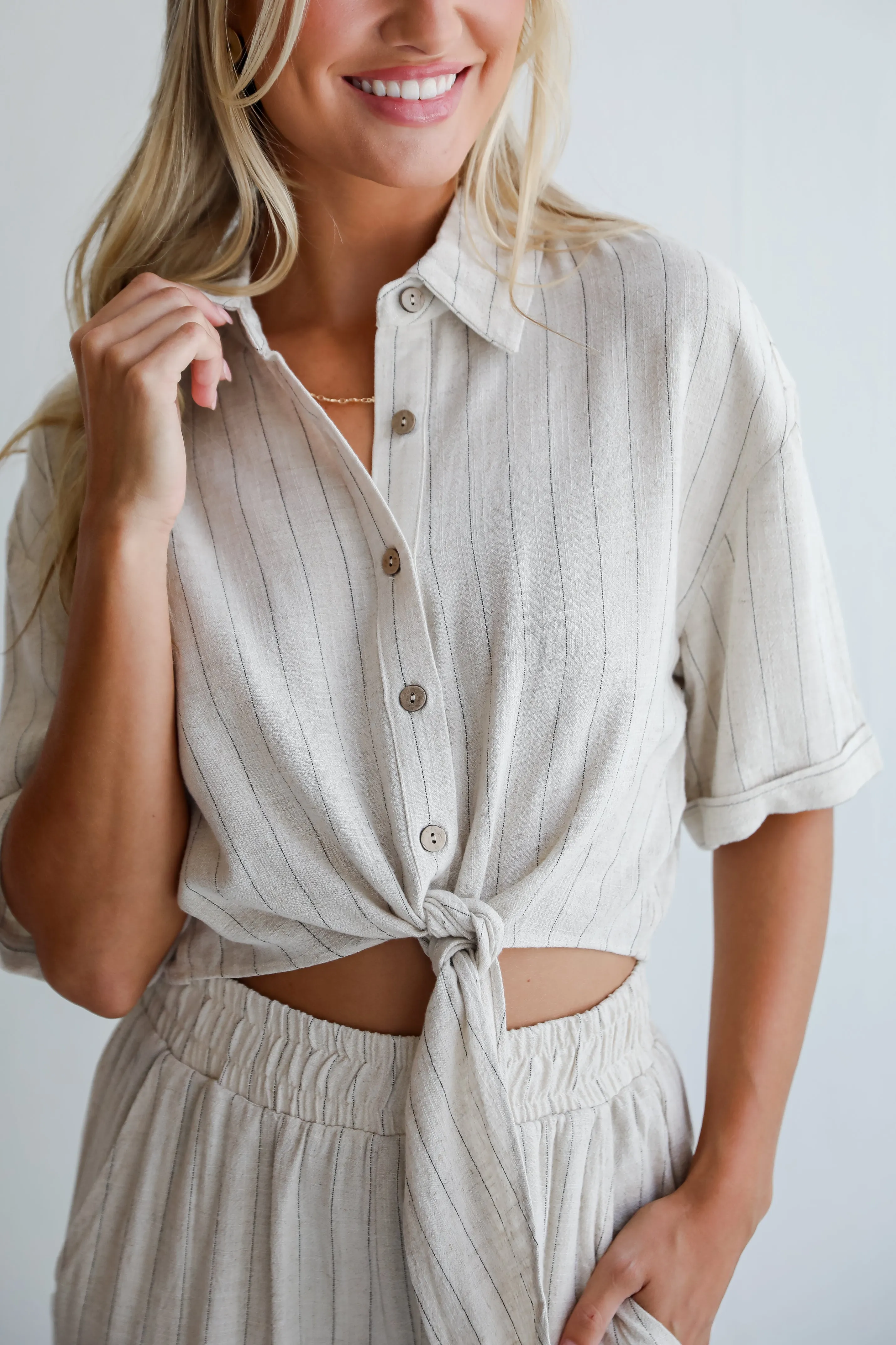 FINAL SALE - Moment Maker Striped Linen Tie-Front Blouse