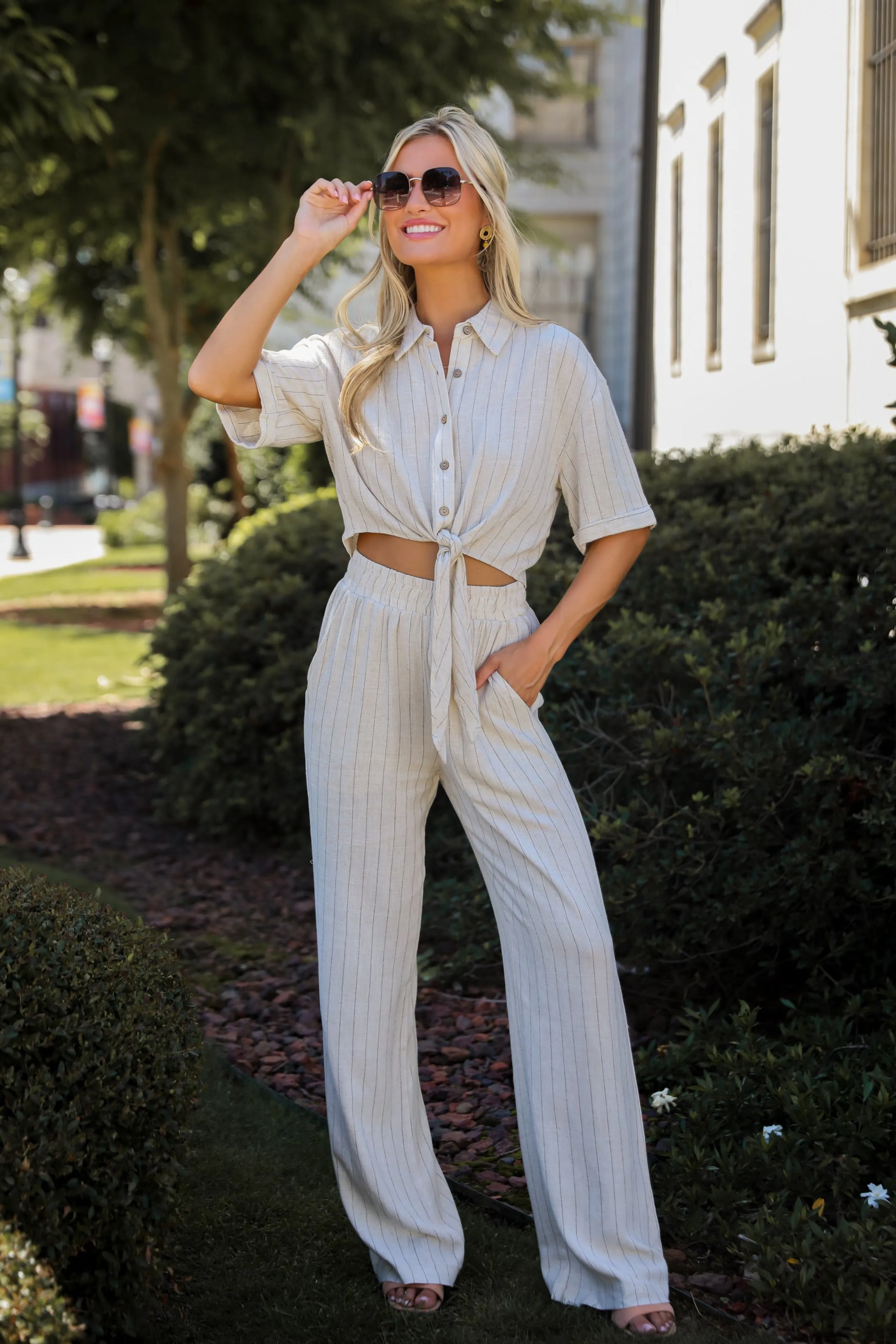 FINAL SALE - Moment Maker Striped Linen Tie-Front Blouse