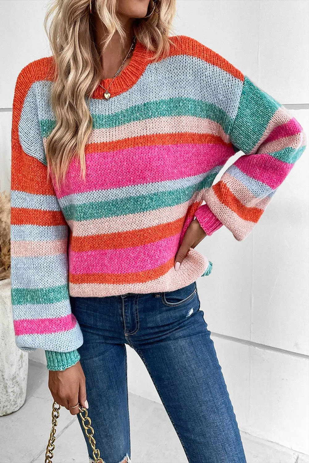 FINAL SALE The Best Time Striped Knit Drop Shoulder Puff Sleeve Sweater