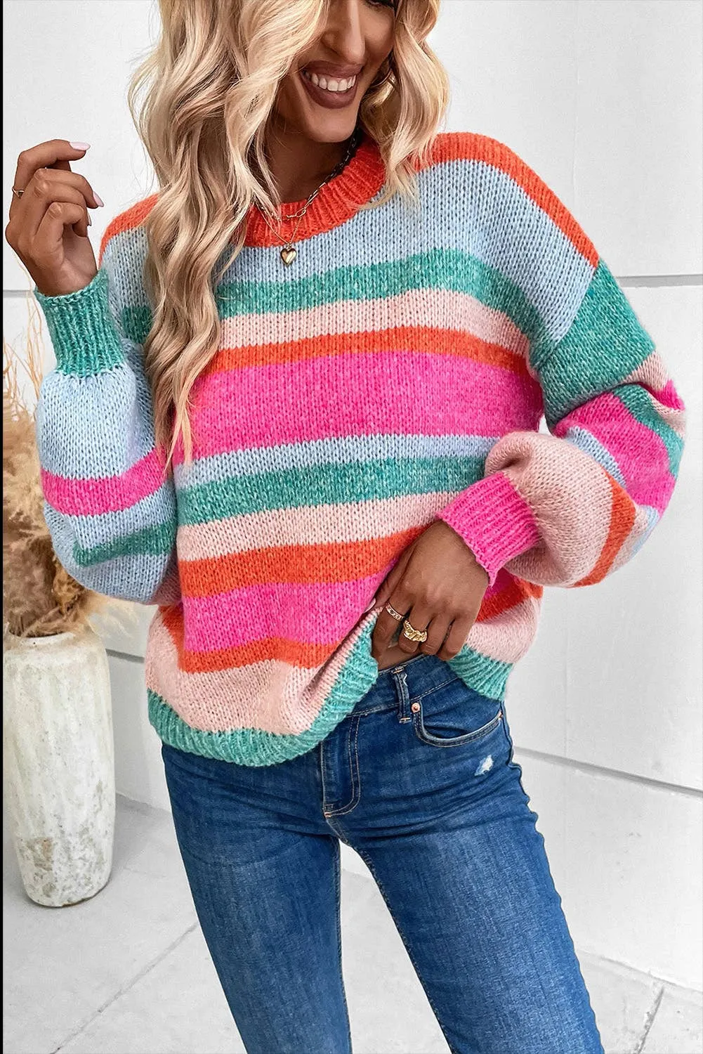 FINAL SALE The Best Time Striped Knit Drop Shoulder Puff Sleeve Sweater
