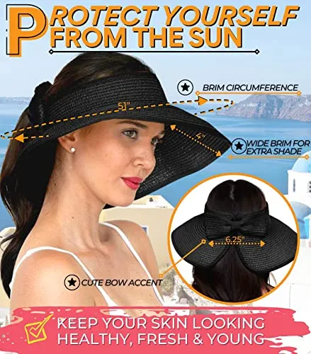 GearTOP Roll Up Sun Hat for Women - Wide Brim Foldable Beach Sun Hats for Women UV Protection Roll Up Visors - (Black)