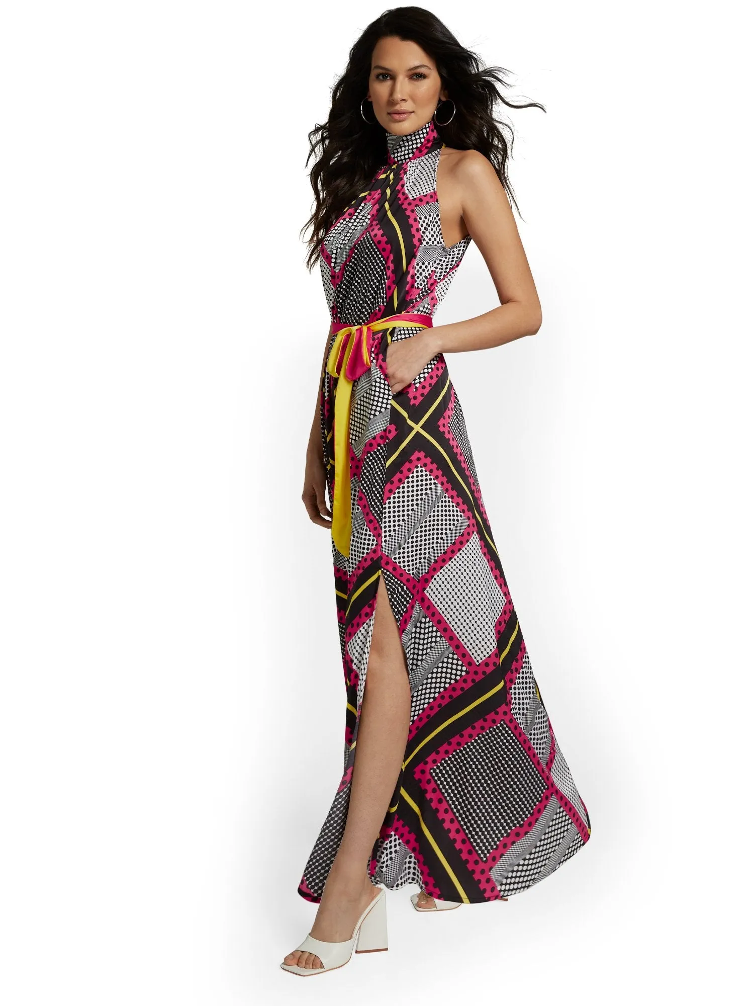 Geometric-Print Halterneck Maxi Dress