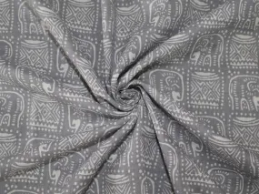 Gray and White Tribal Elephant Design Pure Cotton Fabric