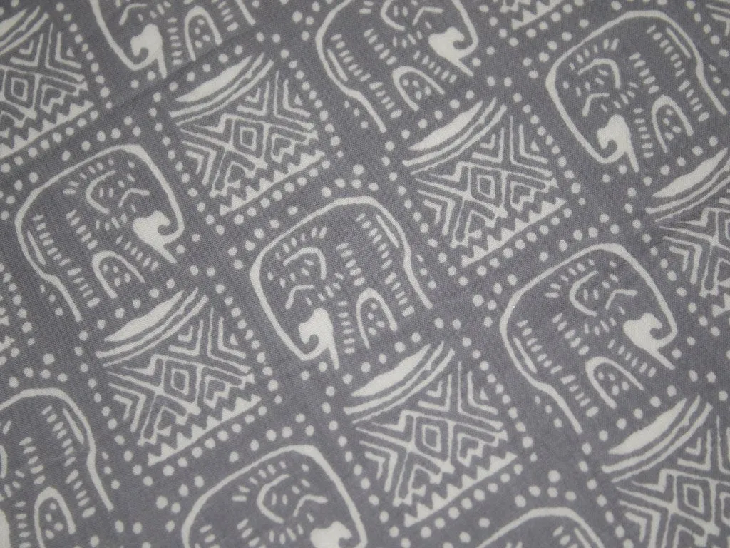 Gray and White Tribal Elephant Design Pure Cotton Fabric