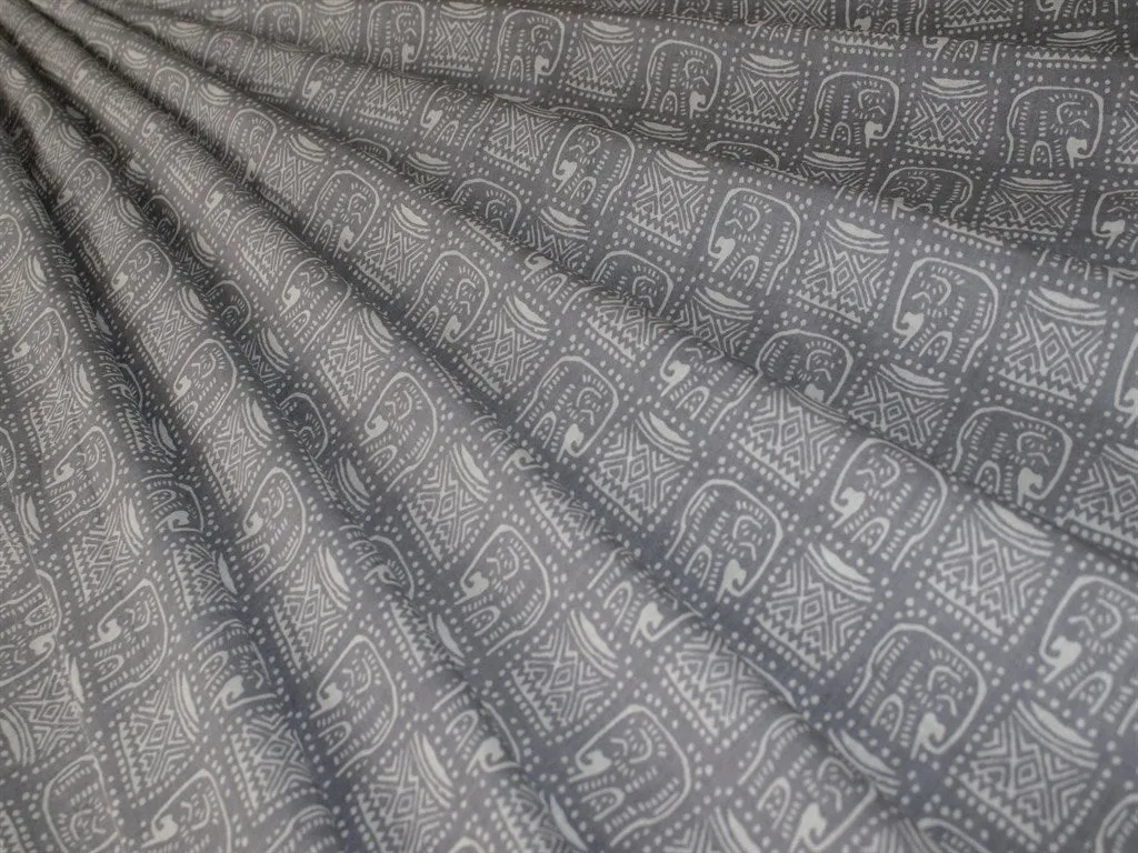 Gray and White Tribal Elephant Design Pure Cotton Fabric