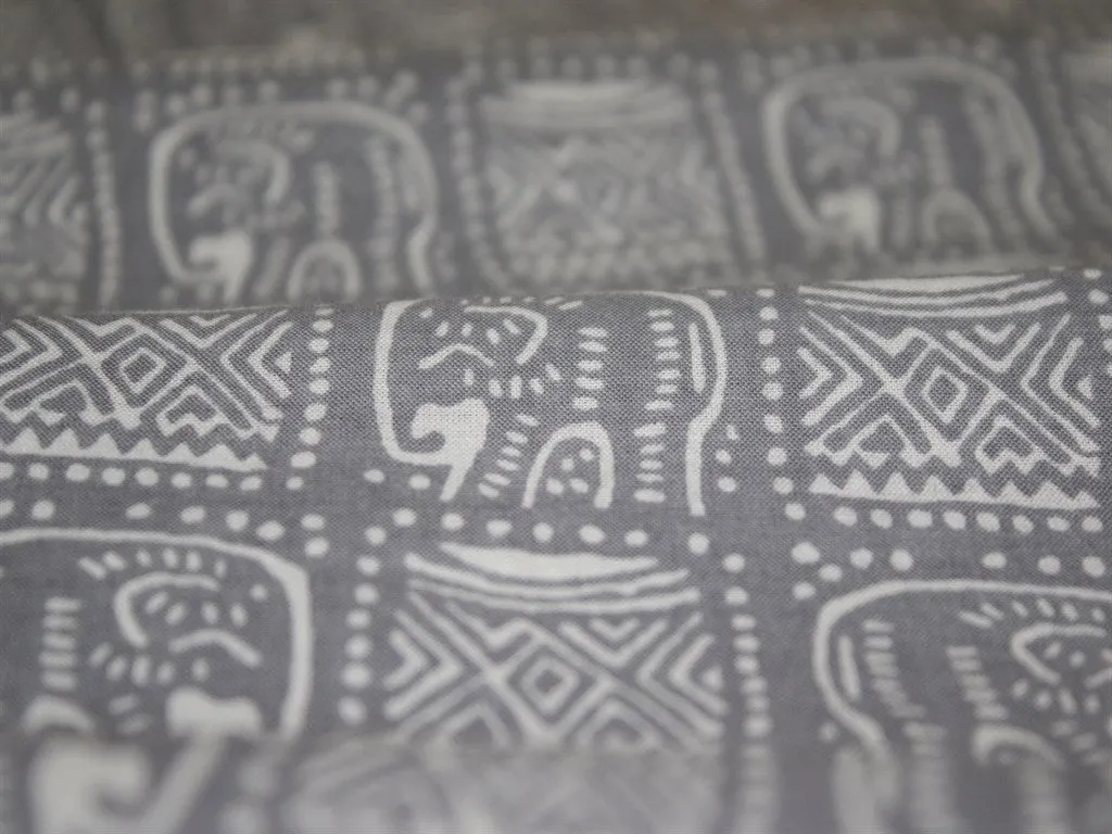Gray and White Tribal Elephant Design Pure Cotton Fabric