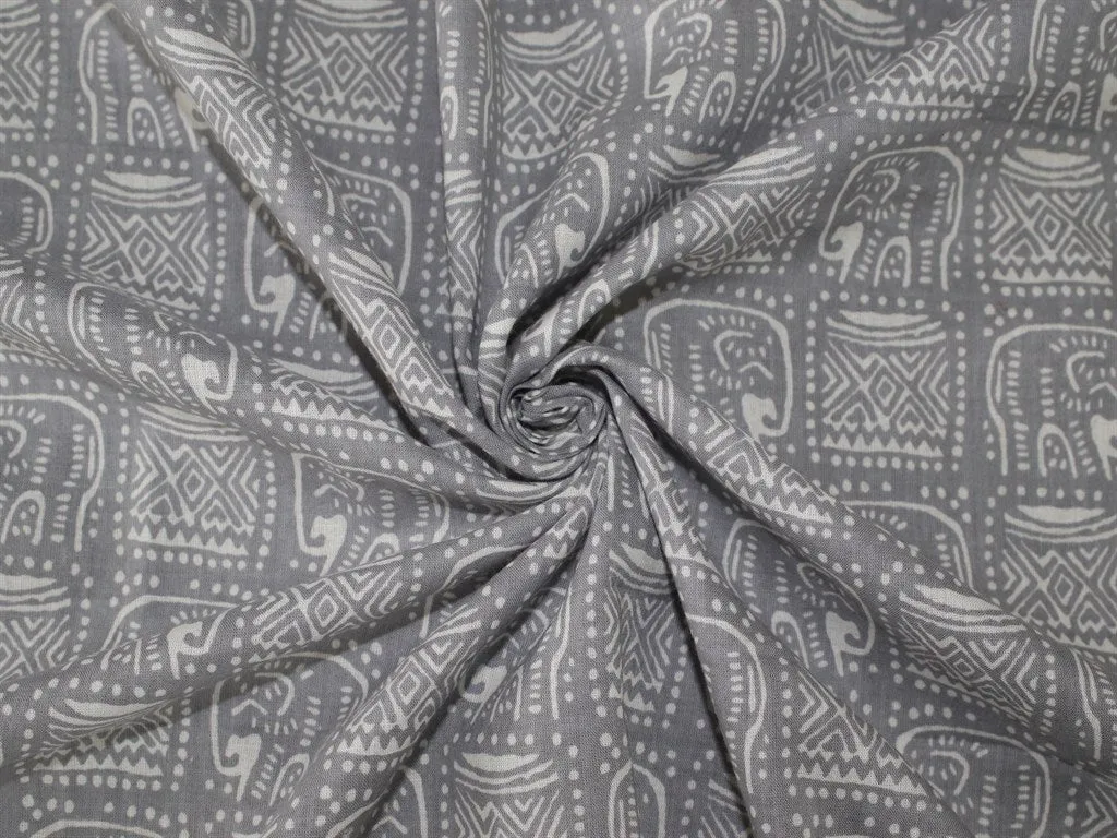 Gray and White Tribal Elephant Design Pure Cotton Fabric