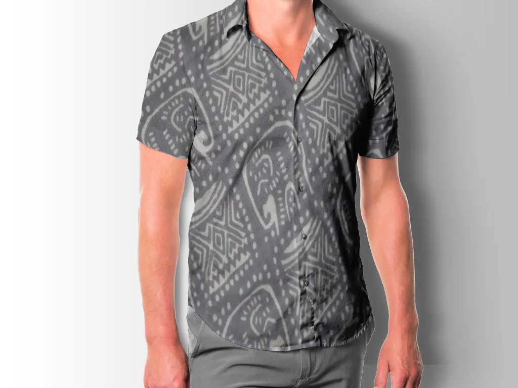 Gray and White Tribal Elephant Design Pure Cotton Fabric