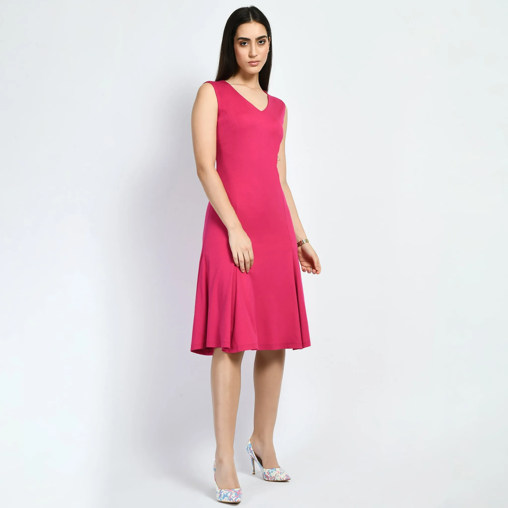 Hot Pink Cotton Blend Appeal Flared V-Neck Dress