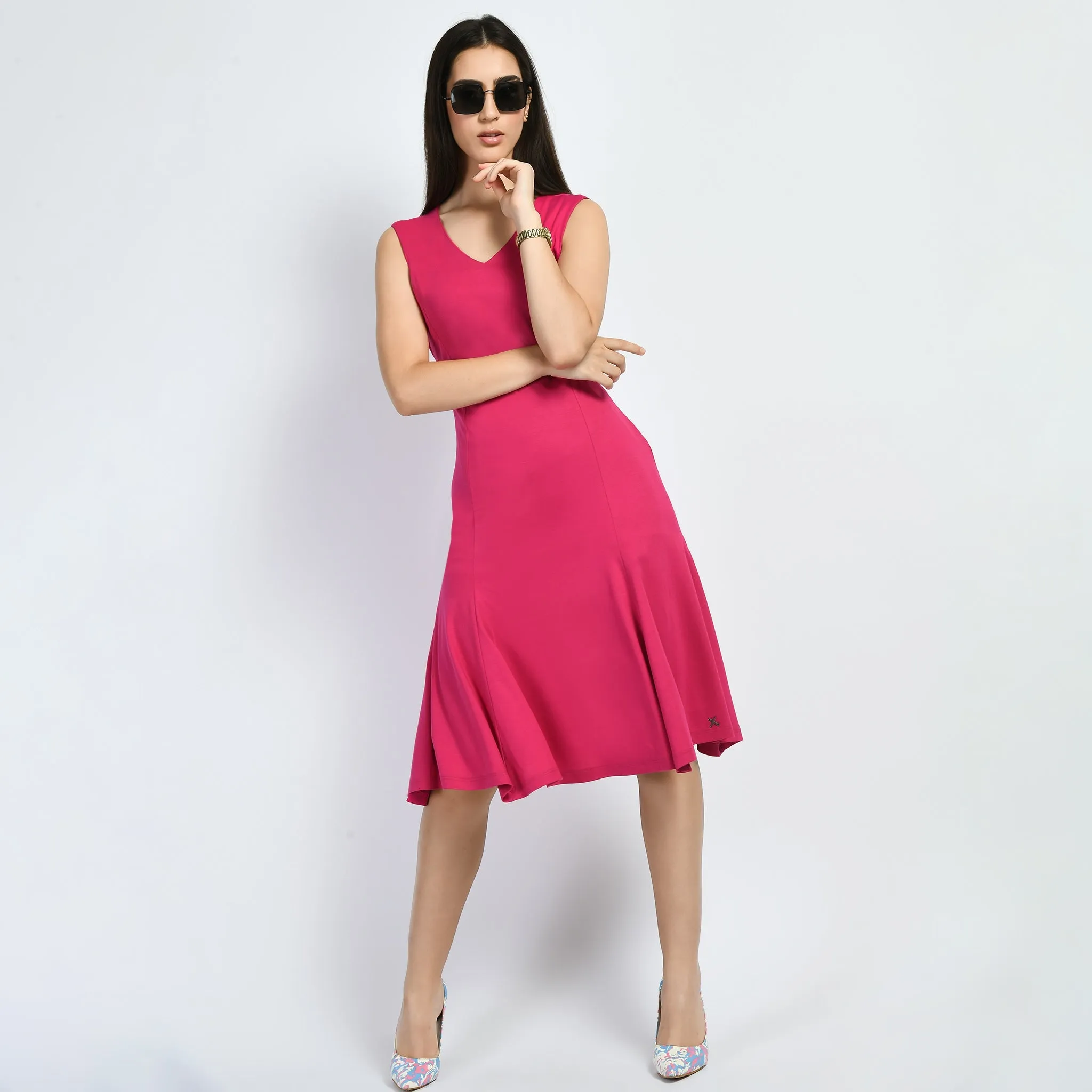 Hot Pink Cotton Blend Appeal Flared V-Neck Dress