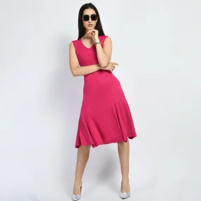 Hot Pink Cotton Blend Appeal Flared V-Neck Dress