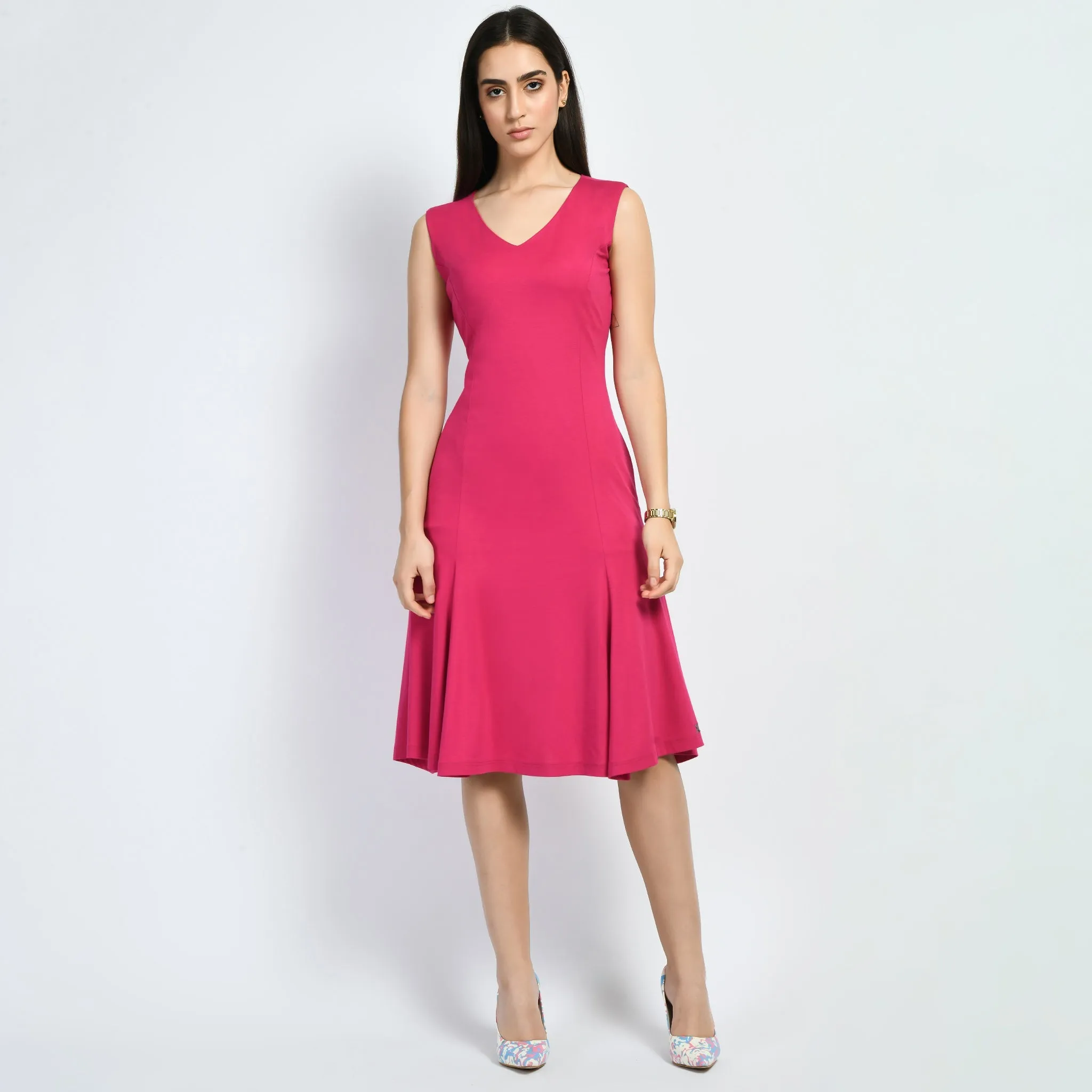 Hot Pink Cotton Blend Appeal Flared V-Neck Dress