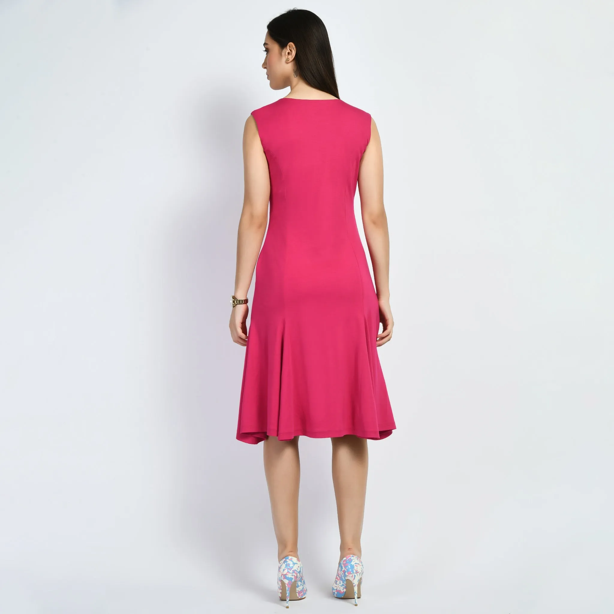 Hot Pink Cotton Blend Appeal Flared V-Neck Dress