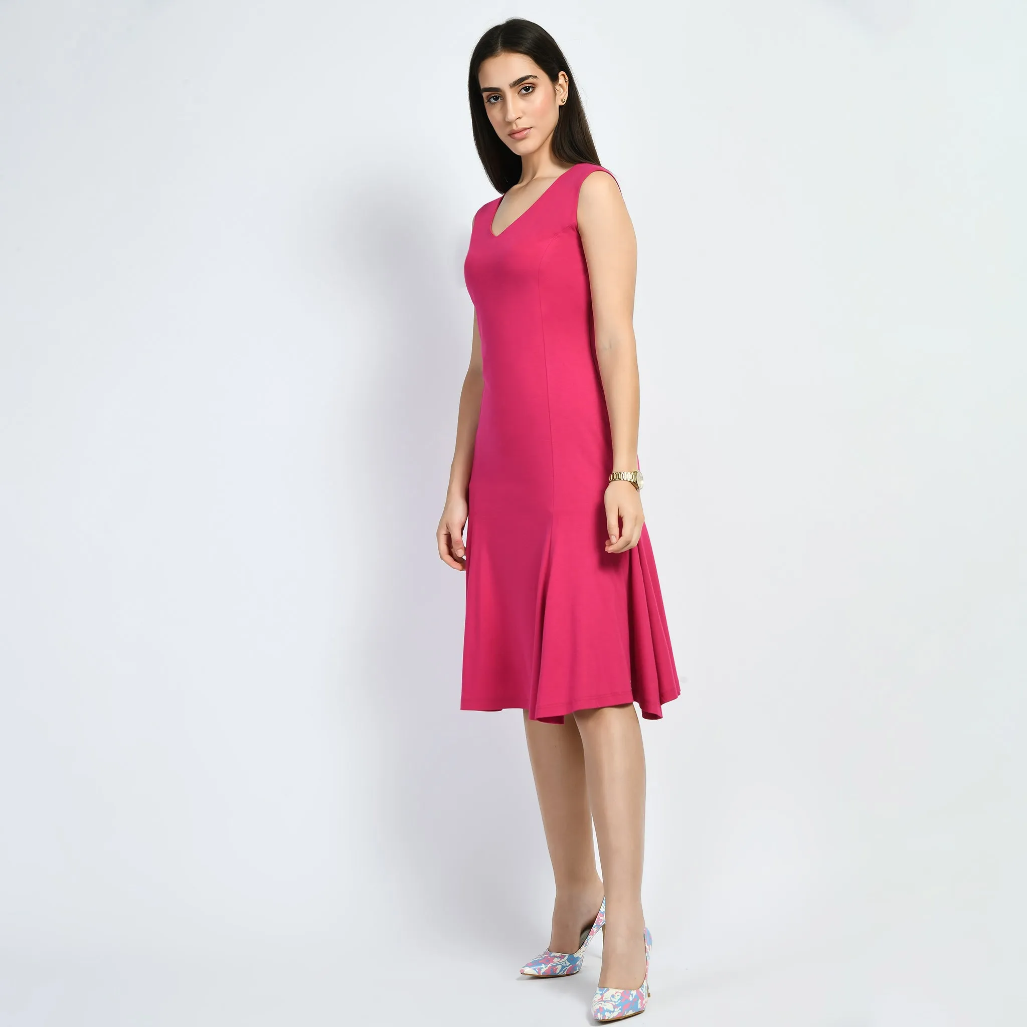 Hot Pink Cotton Blend Appeal Flared V-Neck Dress