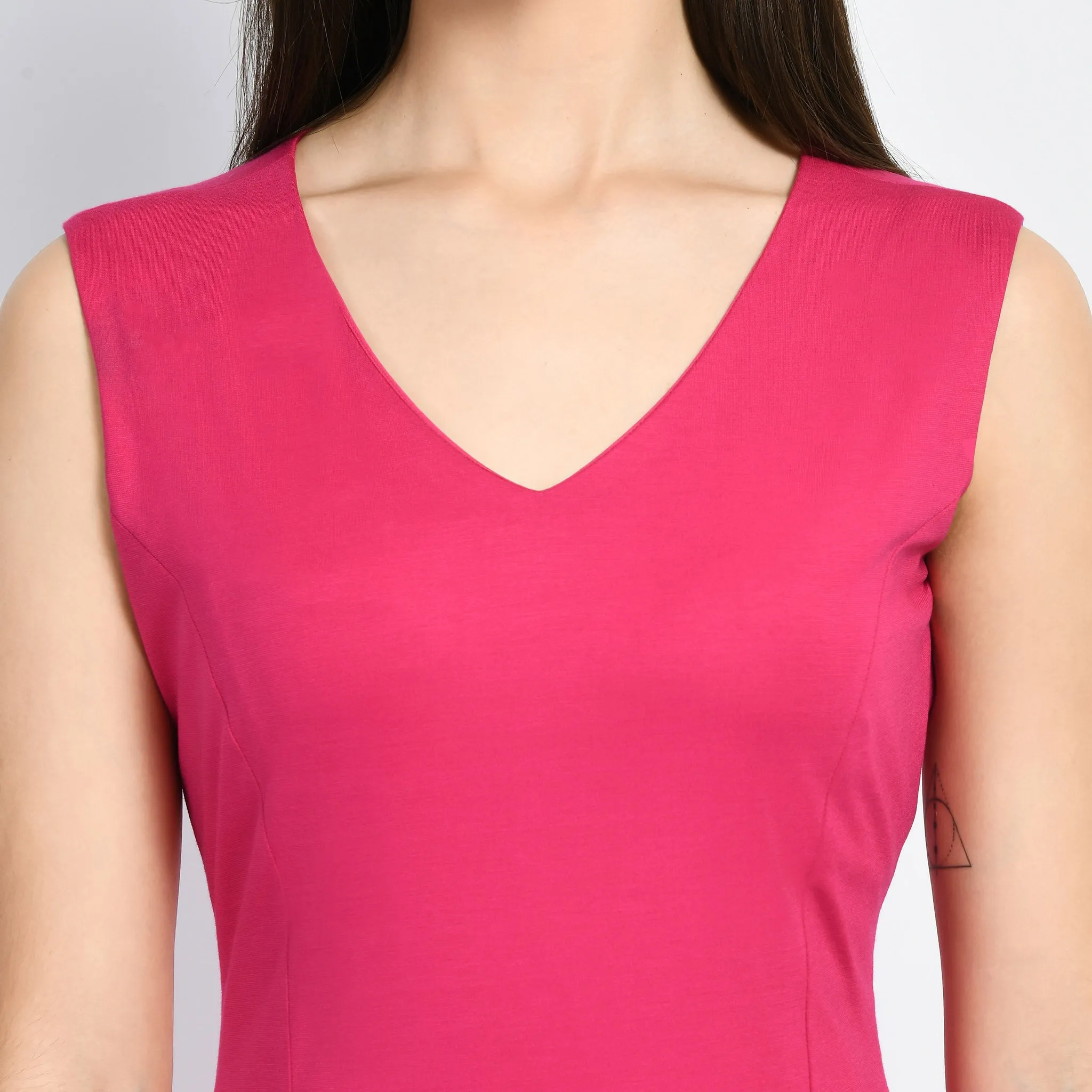 Hot Pink Cotton Blend Appeal Flared V-Neck Dress