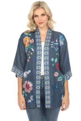 Johnny Was Workshop Denim Blue Taymia Embroidered Kimono Boho Chic W47024