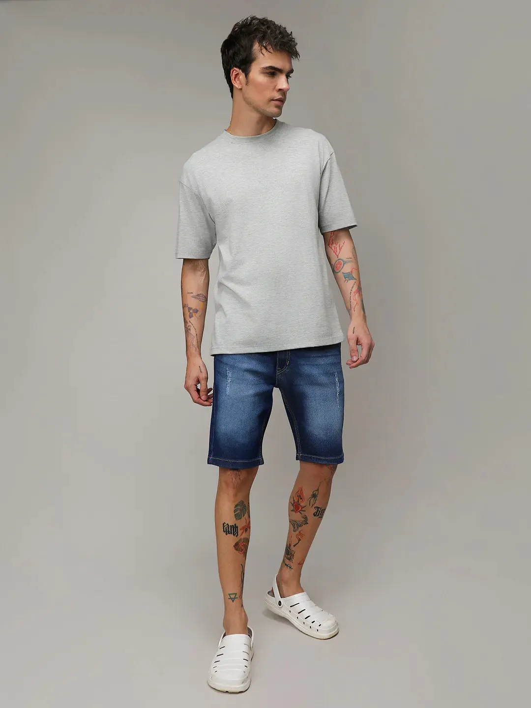 Light-Distressed Denim Shorts