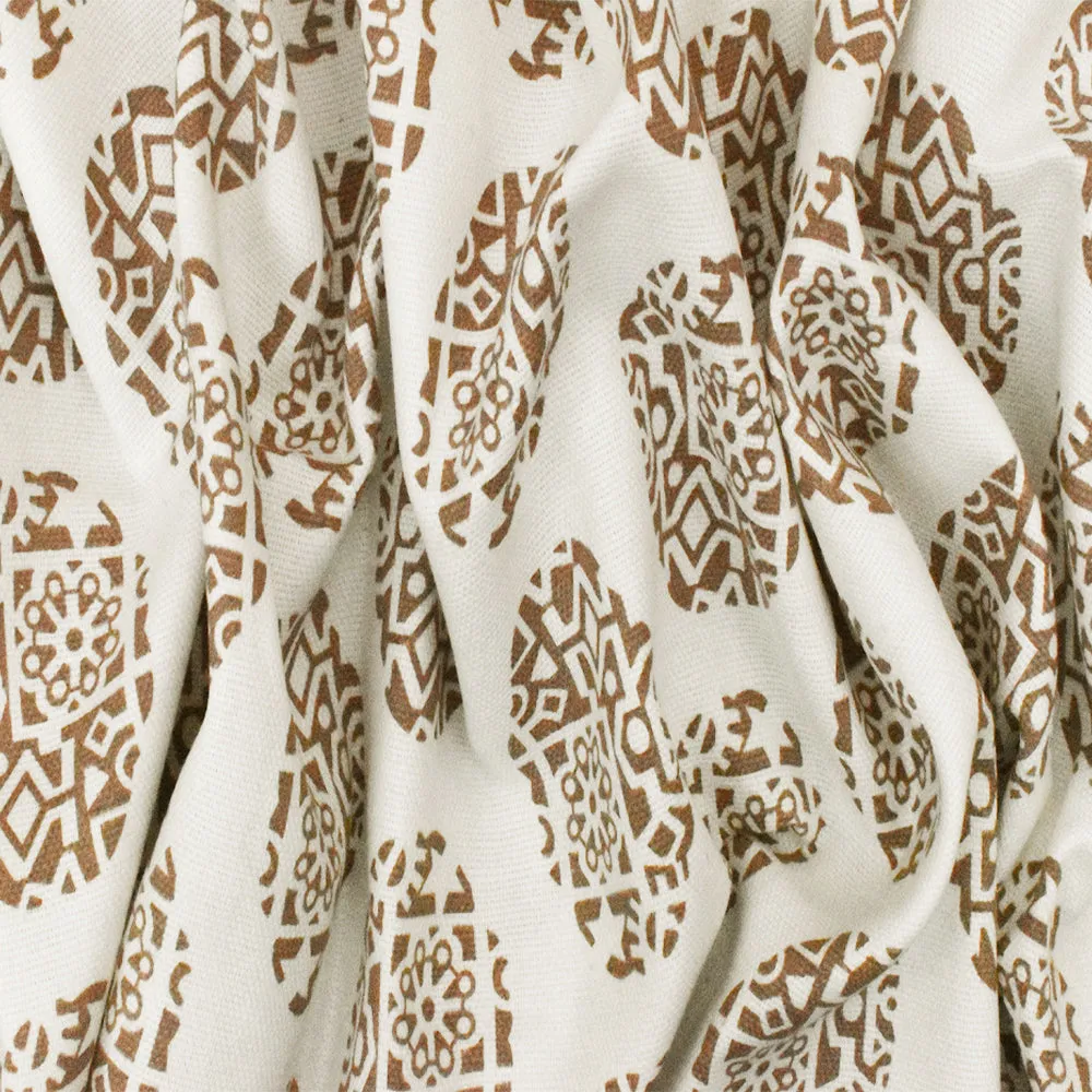 Light Ivory-Brown Ukrainian Oval Printed Cotton Basket Canvas Woven Fabric