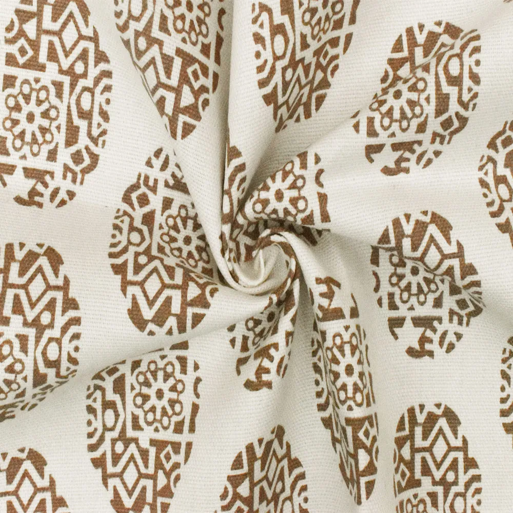 Light Ivory-Brown Ukrainian Oval Printed Cotton Basket Canvas Woven Fabric