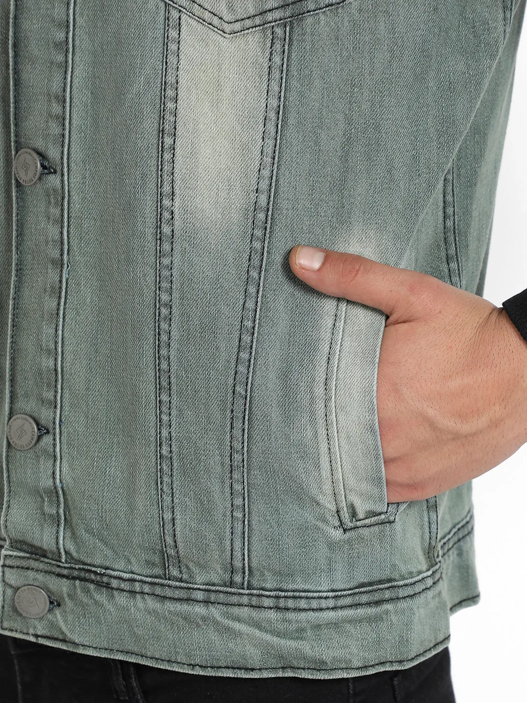 Light-Wash Denim Jacket With Sweatshirt Sleeve