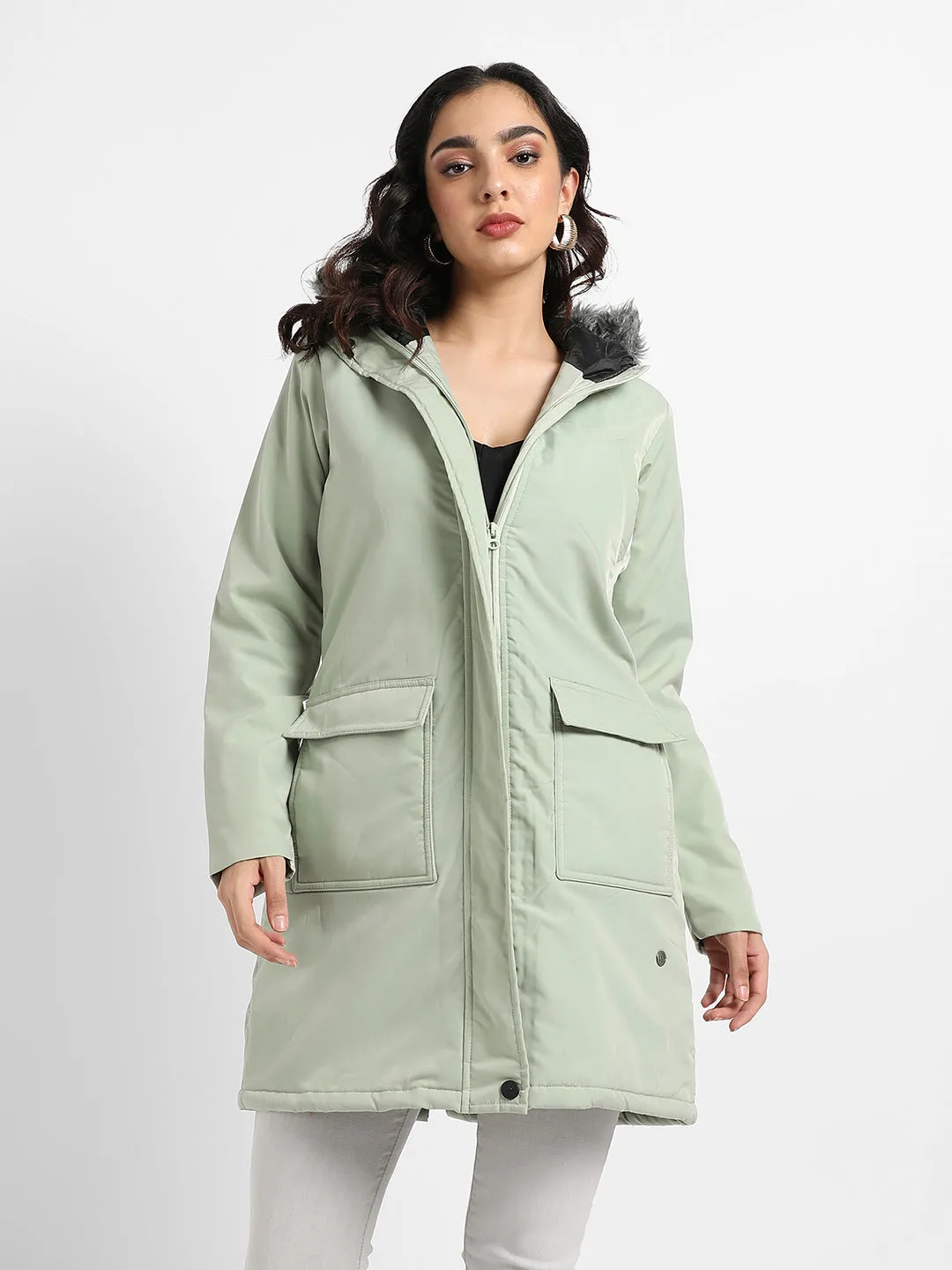 Long Puffer Jacket With Fur Detail