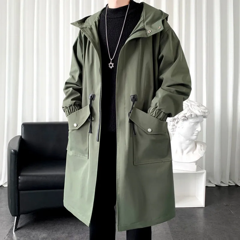 Men's New Windbreaker Long Hooded Big Pocket Jacket