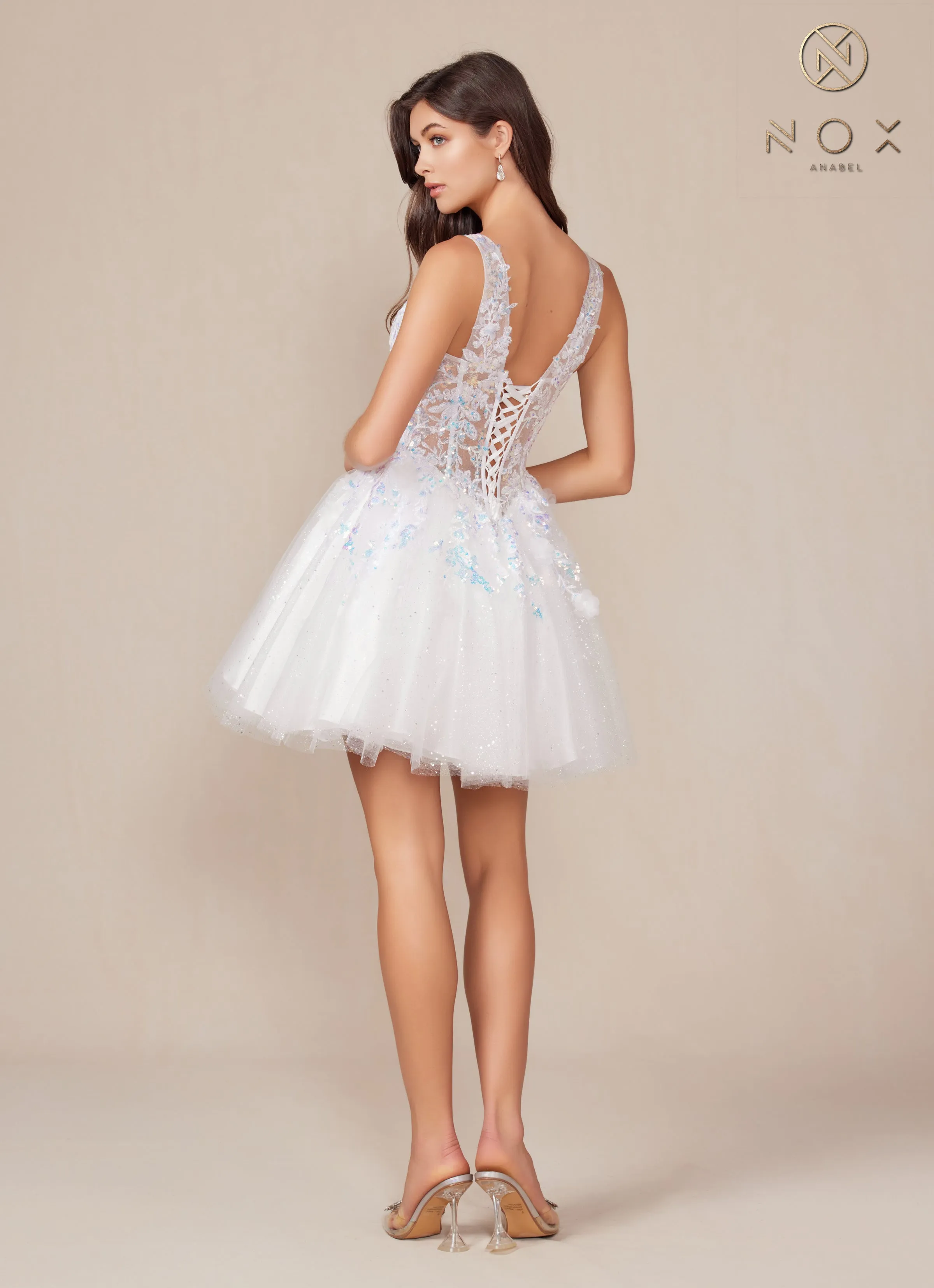 Nox Anabel H846W Applique Corset Bodice Tulle Short Dress