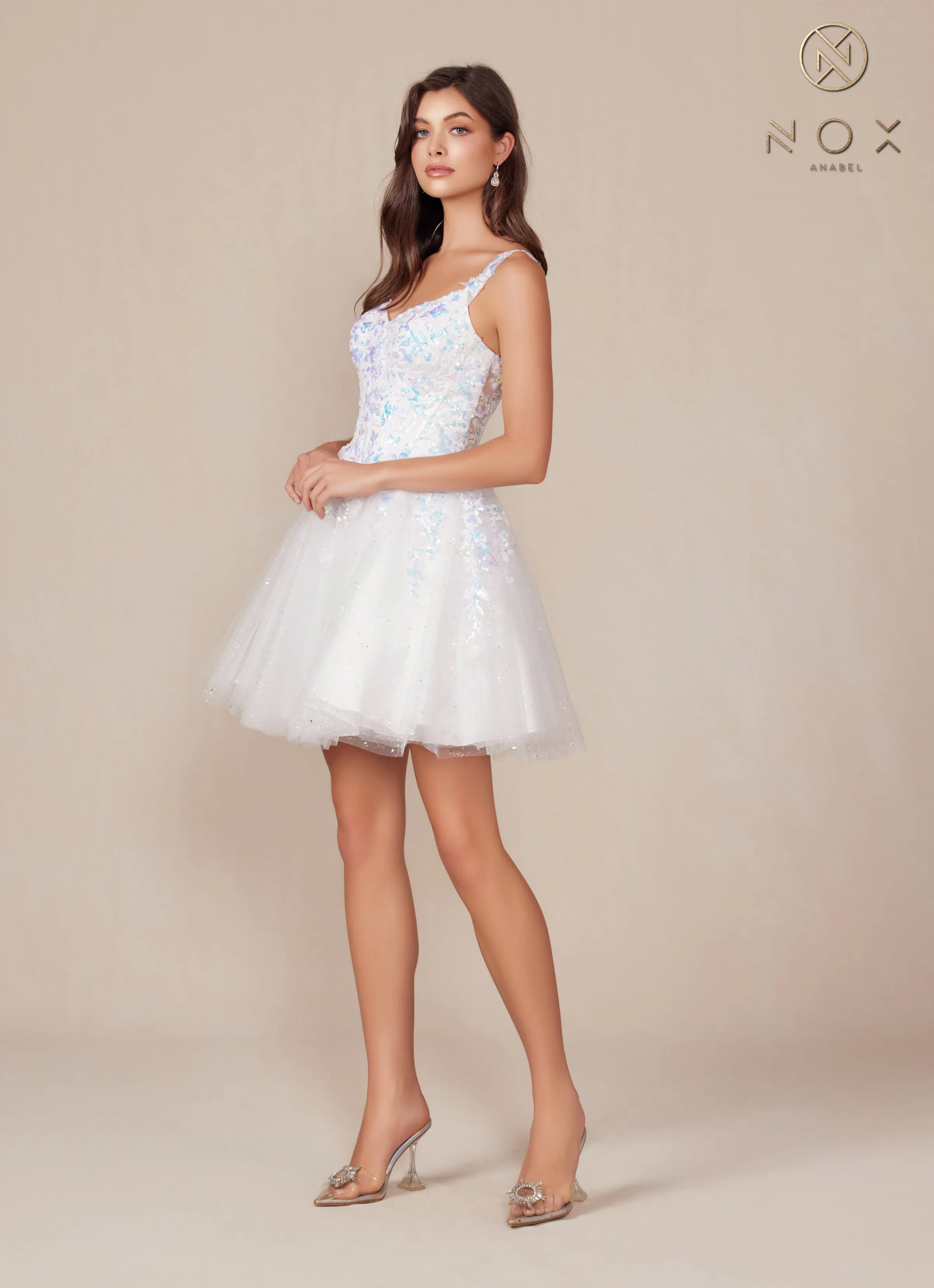 Nox Anabel H846W Applique Corset Bodice Tulle Short Dress