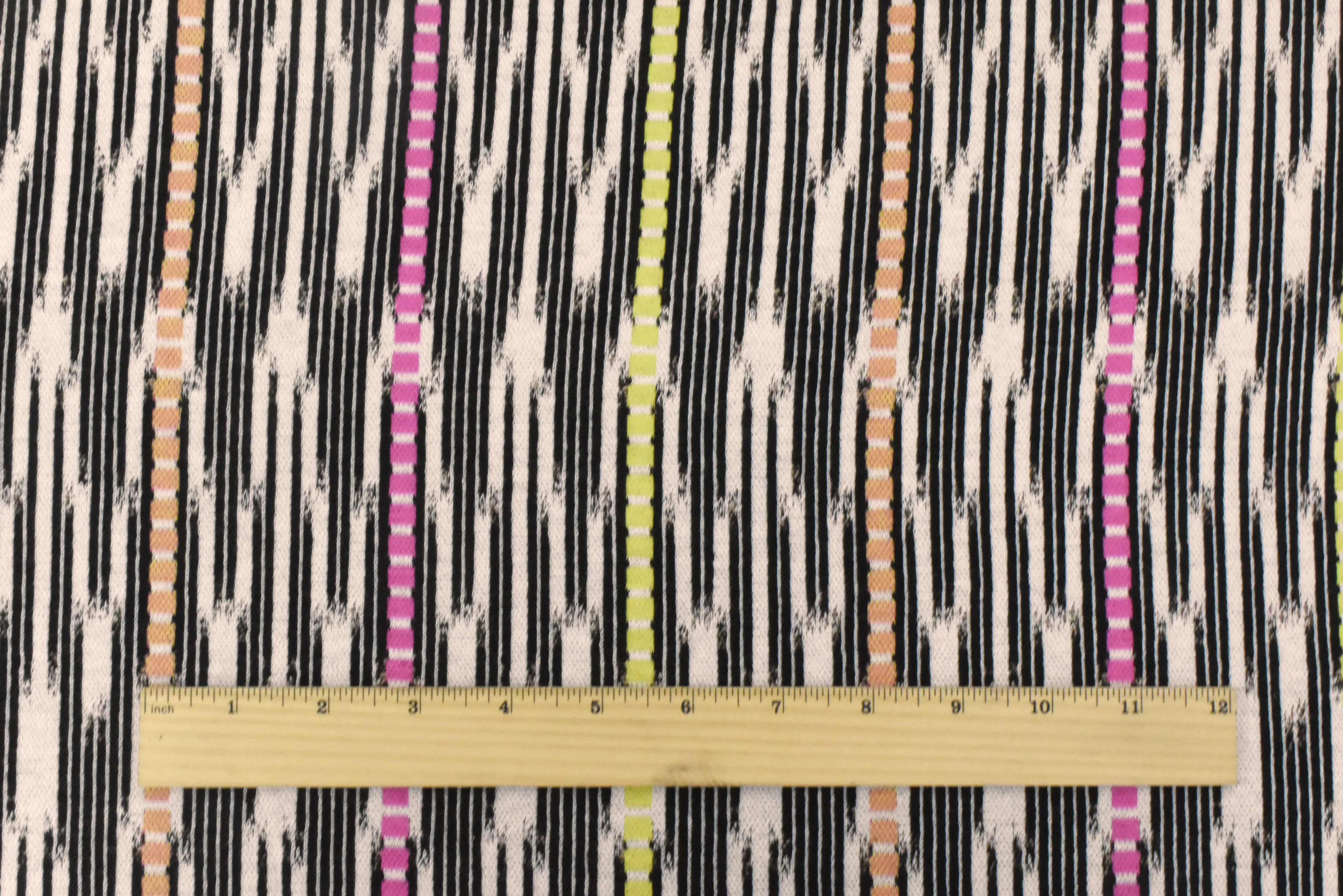 Pink-Black-Multi Abstract Ikat Stripe Stretch Jacquard Double Knit Fabric