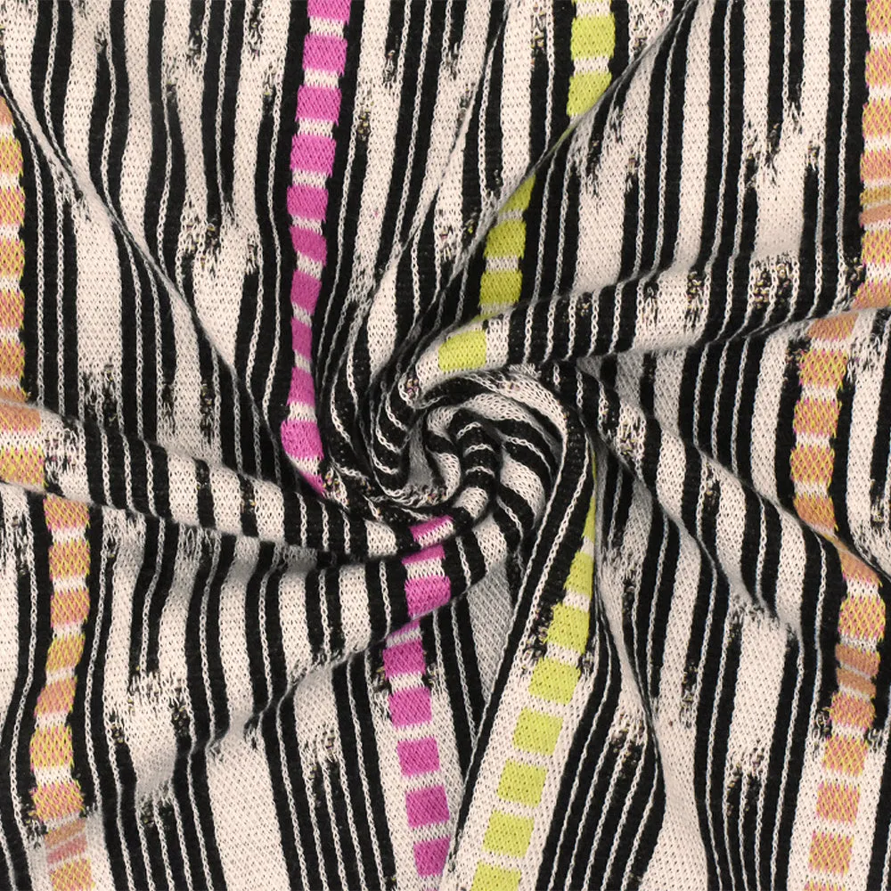 Pink-Black-Multi Abstract Ikat Stripe Stretch Jacquard Double Knit Fabric