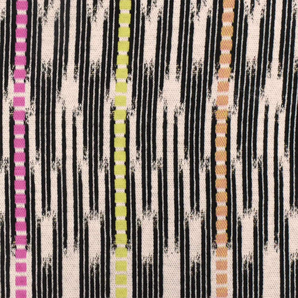 Pink-Black-Multi Abstract Ikat Stripe Stretch Jacquard Double Knit Fabric