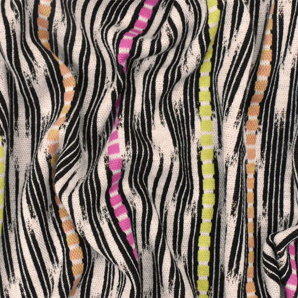 Pink-Black-Multi Abstract Ikat Stripe Stretch Jacquard Double Knit Fabric