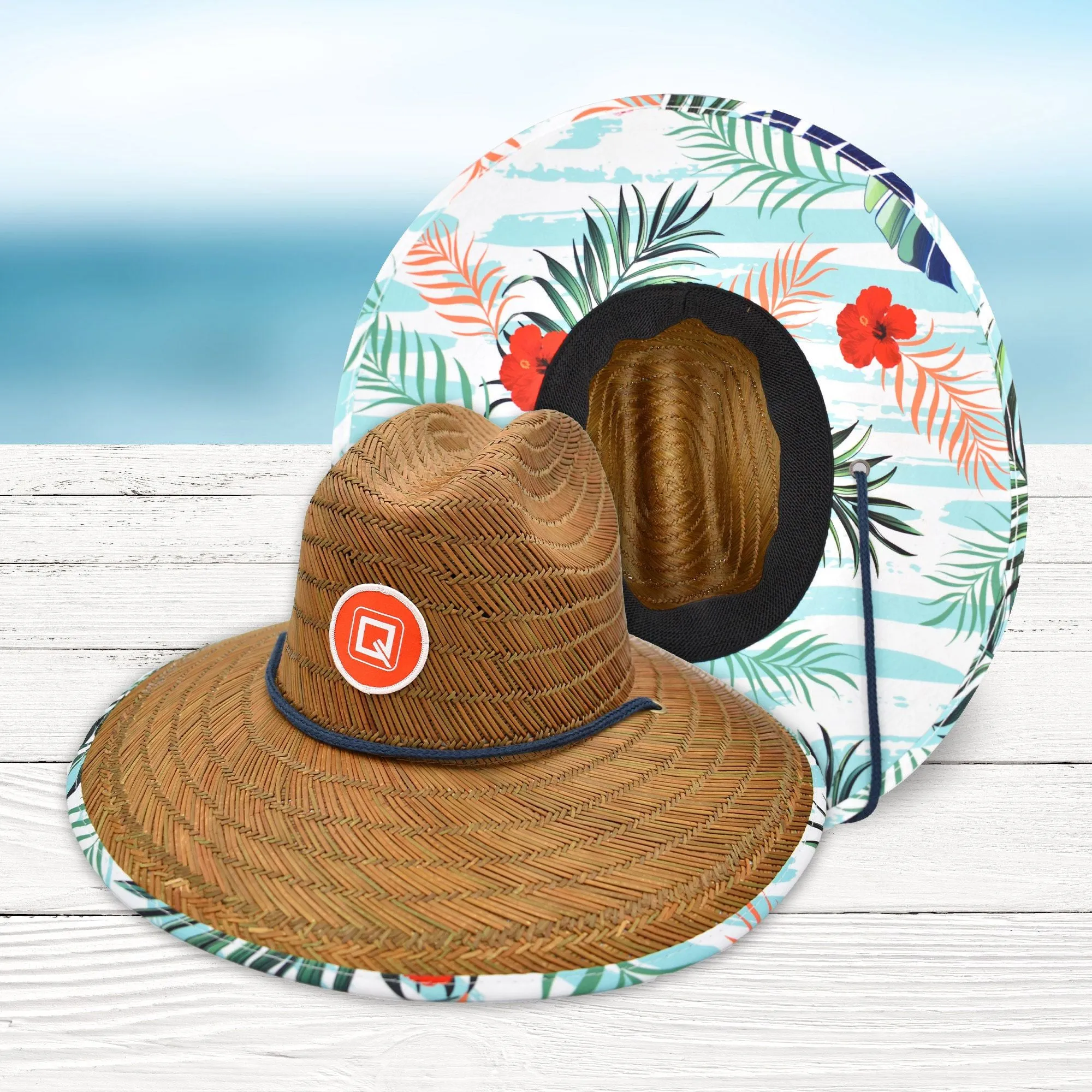Qwave Straw Hats for Women - Stylish Tropical Print Designs, Beach Gear Sun Hats for Women, Lifeguard Hat with Sun Protection  - Red Tropical Print