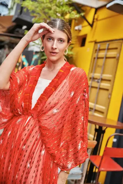 Red Bandhani Kimono Duster