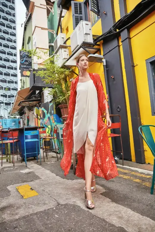 Red Bandhani Kimono Duster
