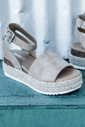 Soda Topic Grey Casual Espadrilles Trim Rubber Sole Flatform Studded Wedges